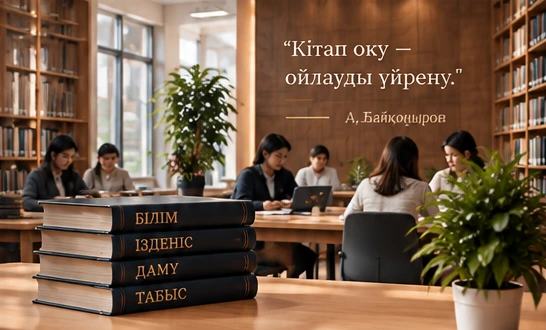 Университет кітапханасының оқу залы мен үстелдегі кітаптар
